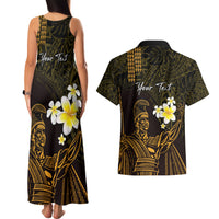 Personalised Hawaii King Kamehameha Day Couples Matching Tank Maxi Dress and Hawaiian Shirt Plumeria With Kakau Pattern - Gold LT14 - Polynesian Pride