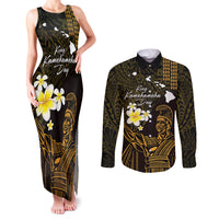 Personalised Hawaii King Kamehameha Day Couples Matching Tank Maxi Dress and Long Sleeve Button Shirt Plumeria With Kakau Pattern - Gold LT14 Gold - Polynesian Pride