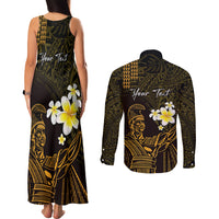 Personalised Hawaii King Kamehameha Day Couples Matching Tank Maxi Dress and Long Sleeve Button Shirt Plumeria With Kakau Pattern - Gold LT14 - Polynesian Pride