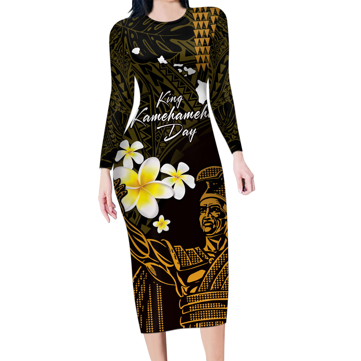 Personalised Hawaii King Kamehameha Day Family Matching Long Sleeve Bodycon Dress and Hawaiian Shirt Plumeria With Kakau Pattern - Gold LT14 Mom's Dress Gold - Polynesian Pride