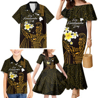 Personalised Hawaii King Kamehameha Day Family Matching Mermaid Dress and Hawaiian Shirt Plumeria With Kakau Pattern - Gold LT14 - Polynesian Pride