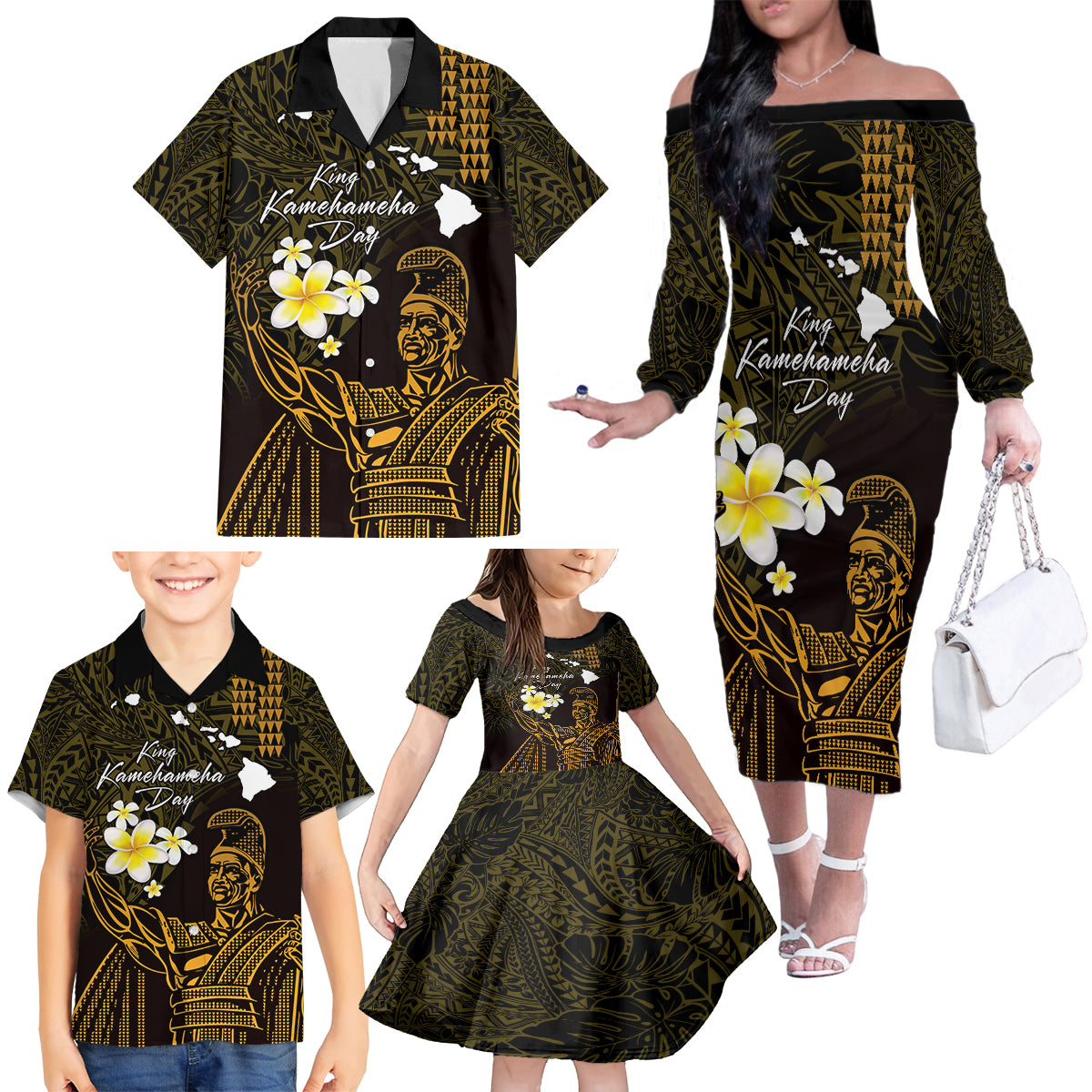 Personalised Hawaii King Kamehameha Day Family Matching Off The Shoulder Long Sleeve Dress and Hawaiian Shirt Plumeria With Kakau Pattern - Gold LT14 - Polynesian Pride