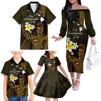 Personalised Hawaii King Kamehameha Day Family Matching Off The Shoulder Long Sleeve Dress and Hawaiian Shirt Plumeria With Kakau Pattern - Gold LT14 - Polynesian Pride
