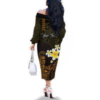 Personalised Hawaii King Kamehameha Day Family Matching Off The Shoulder Long Sleeve Dress and Hawaiian Shirt Plumeria With Kakau Pattern - Gold LT14 - Polynesian Pride