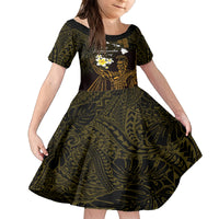Personalised Hawaii King Kamehameha Day Family Matching Off Shoulder Maxi Dress and Hawaiian Shirt Plumeria With Kakau Pattern - Gold LT14 Daughter's Dress Gold - Polynesian Pride
