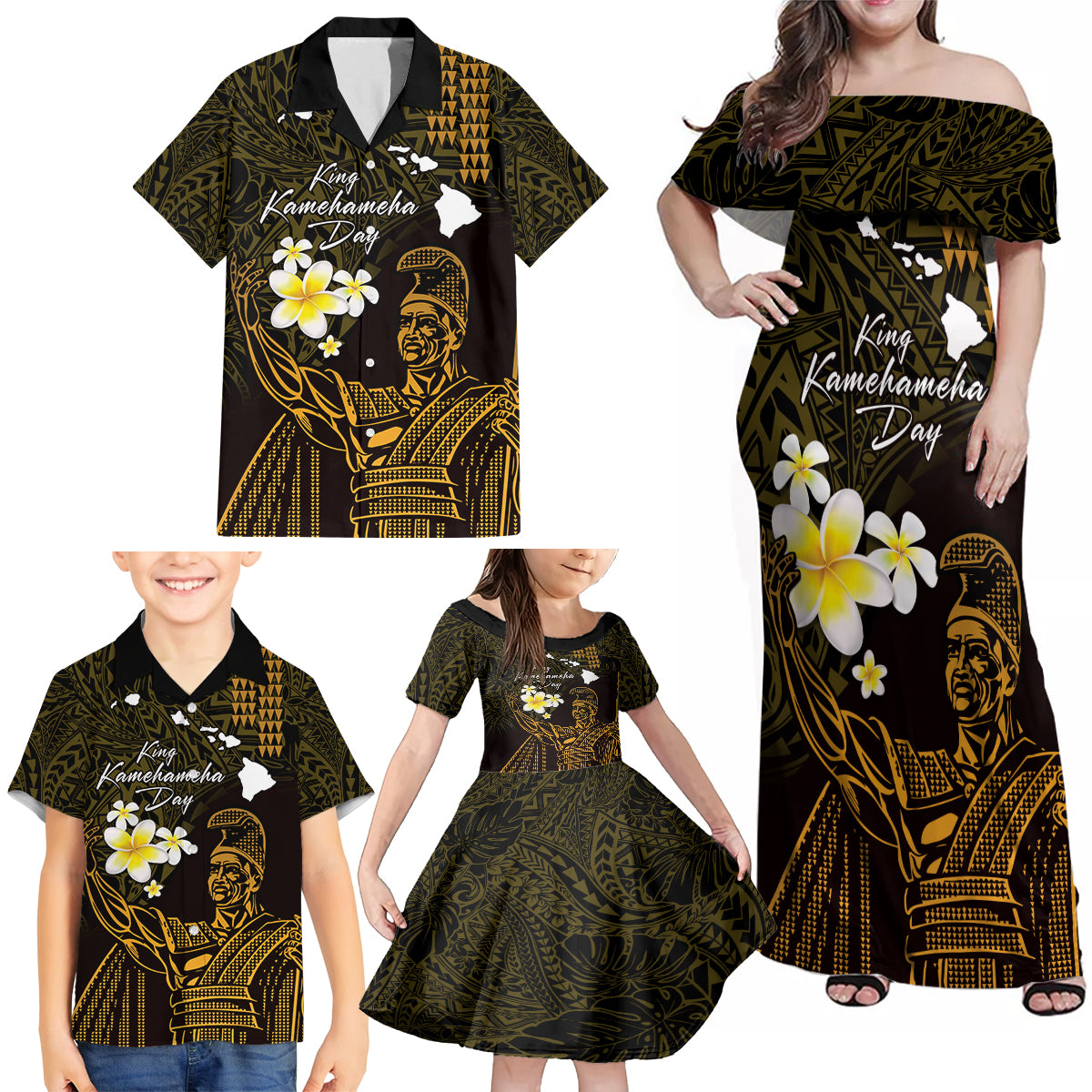 Personalised Hawaii King Kamehameha Day Family Matching Off Shoulder Maxi Dress and Hawaiian Shirt Plumeria With Kakau Pattern - Gold LT14 - Polynesian Pride