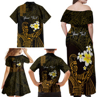 Personalised Hawaii King Kamehameha Day Family Matching Off Shoulder Maxi Dress and Hawaiian Shirt Plumeria With Kakau Pattern - Gold LT14 - Polynesian Pride