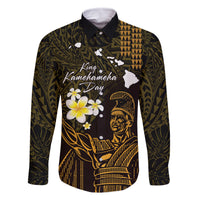 Personalised Hawaii King Kamehameha Day Family Matching Off Shoulder Maxi Dress and Hawaiian Shirt Plumeria With Kakau Pattern - Gold LT14 Dad's Shirt - Long Sleeve Gold - Polynesian Pride