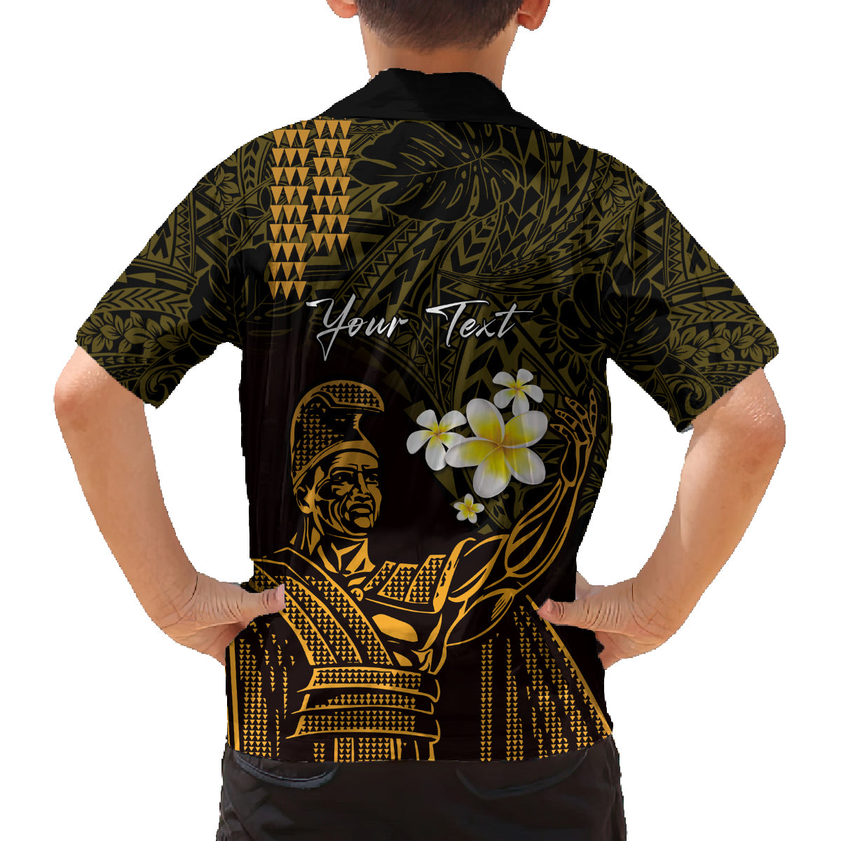 Personalised Hawaii King Kamehameha Day Family Matching Off Shoulder Short Dress and Hawaiian Shirt Plumeria With Kakau Pattern - Gold LT14 - Polynesian Pride