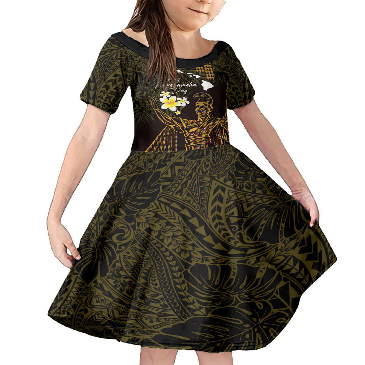 Personalised Hawaii King Kamehameha Day Family Matching Off Shoulder Short Dress and Hawaiian Shirt Plumeria With Kakau Pattern - Gold LT14 Daughter's Dress Gold - Polynesian Pride