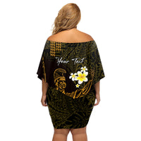 Personalised Hawaii King Kamehameha Day Family Matching Off Shoulder Short Dress and Hawaiian Shirt Plumeria With Kakau Pattern - Gold LT14 - Polynesian Pride