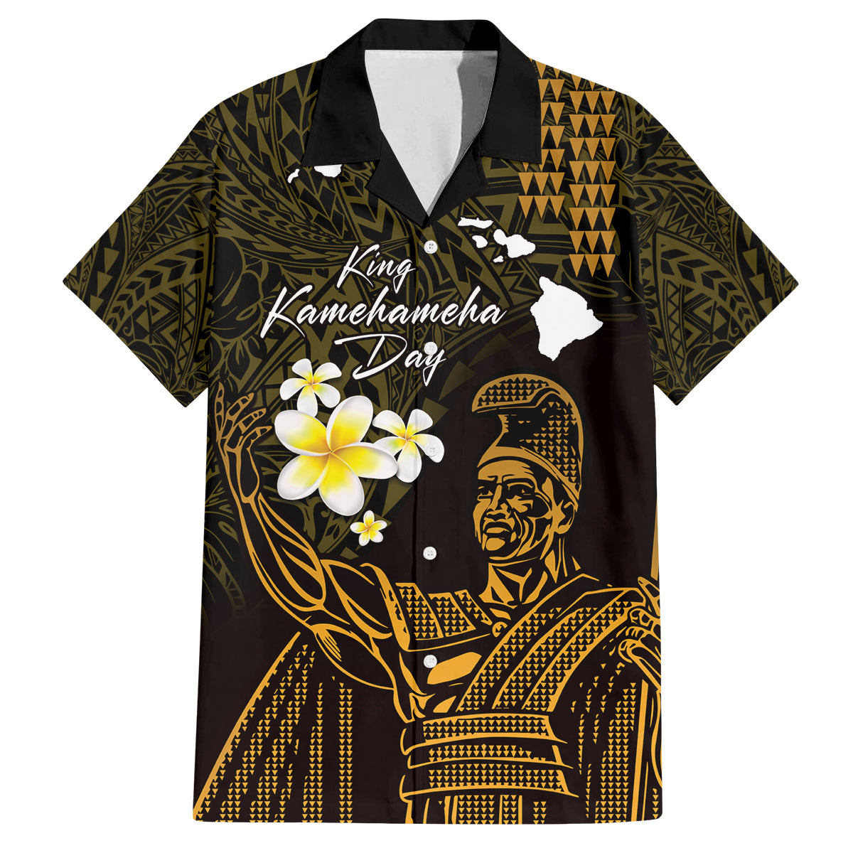 Personalised Hawaii King Kamehameha Day Family Matching Puletasi and Hawaiian Shirt Plumeria With Kakau Pattern - Gold LT14 Dad's Shirt - Short Sleeve Gold - Polynesian Pride