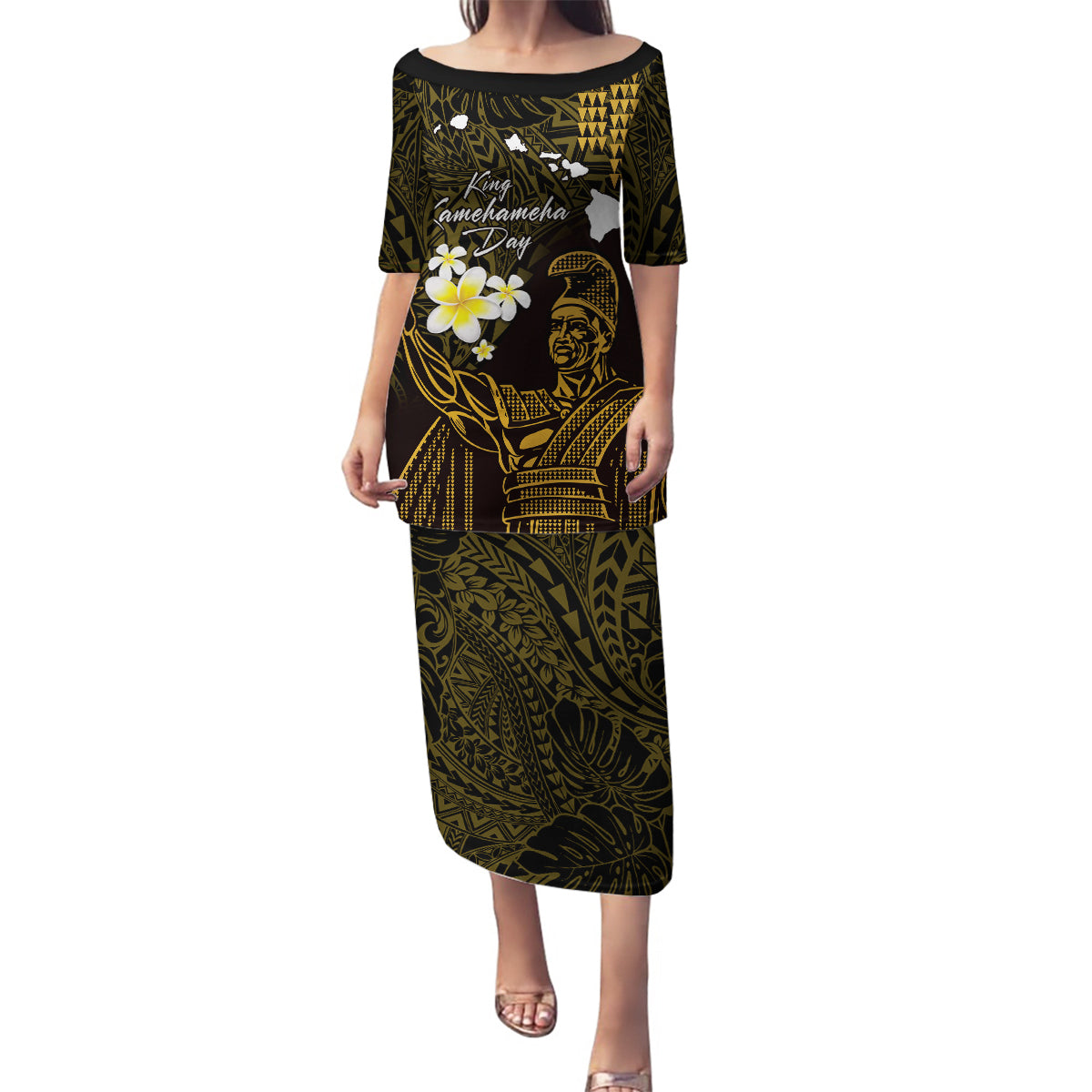 Personalised Hawaii King Kamehameha Day Family Matching Puletasi and Hawaiian Shirt Plumeria With Kakau Pattern - Gold LT14 Mom's Dress Gold - Polynesian Pride