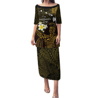 Personalised Hawaii King Kamehameha Day Family Matching Puletasi and Hawaiian Shirt Plumeria With Kakau Pattern - Gold LT14 Mom's Dress Gold - Polynesian Pride
