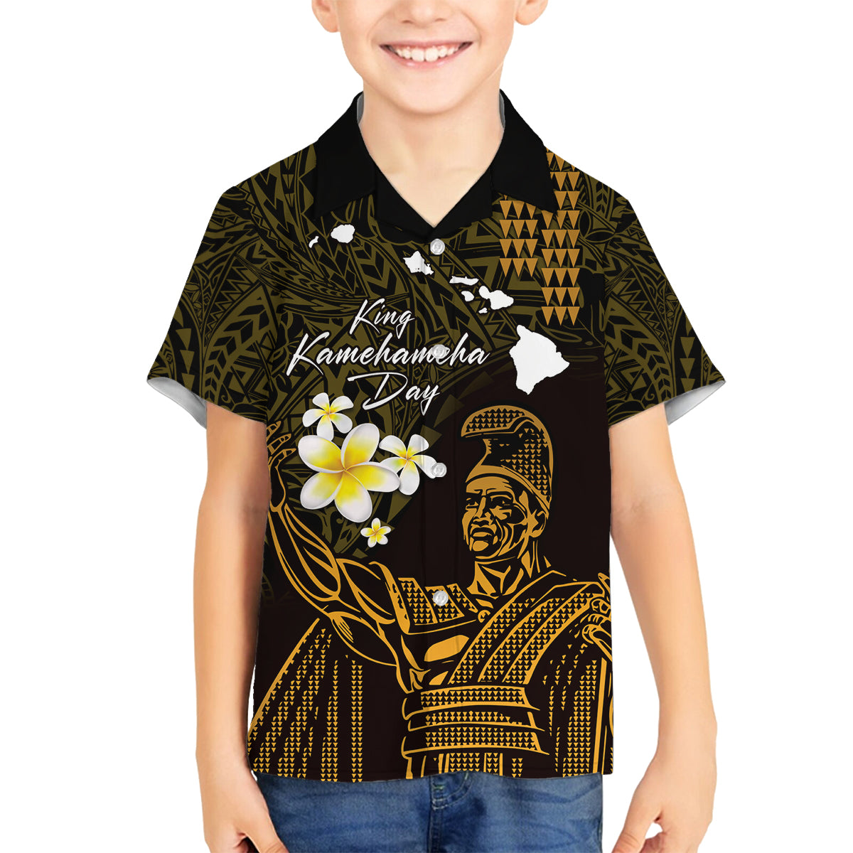 Personalised Hawaii King Kamehameha Day Family Matching Puletasi and Hawaiian Shirt Plumeria With Kakau Pattern - Gold LT14 Son's Shirt Gold - Polynesian Pride
