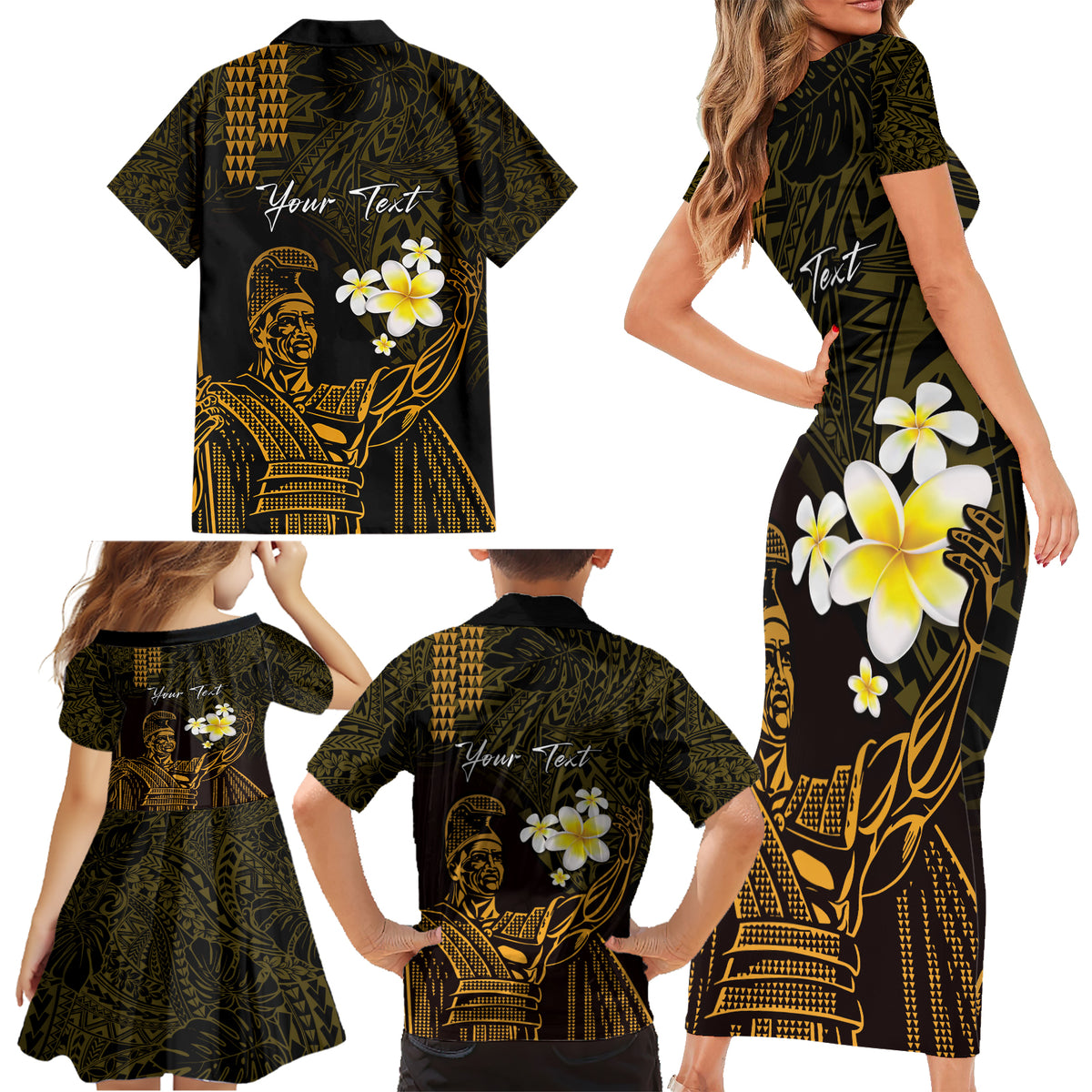 Personalised Hawaii King Kamehameha Day Family Matching Short Sleeve Bodycon Dress and Hawaiian Shirt Plumeria With Kakau Pattern - Gold LT14 - Polynesian Pride