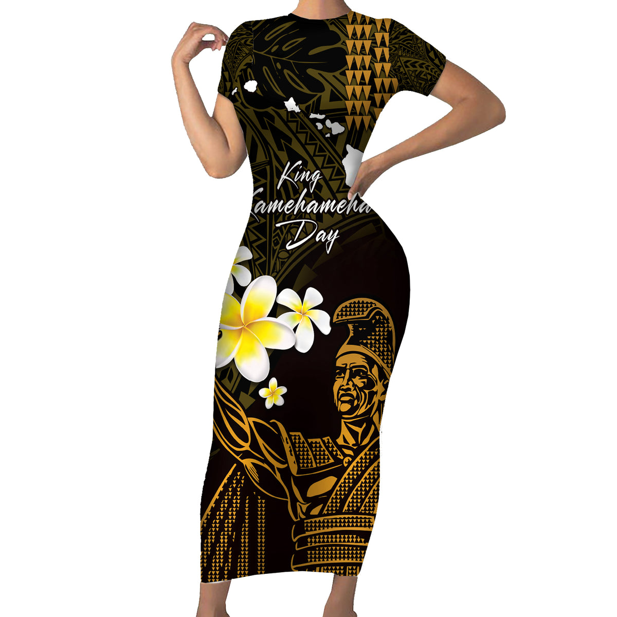 Personalised Hawaii King Kamehameha Day Family Matching Short Sleeve Bodycon Dress and Hawaiian Shirt Plumeria With Kakau Pattern - Gold LT14 Mom's Dress Gold - Polynesian Pride