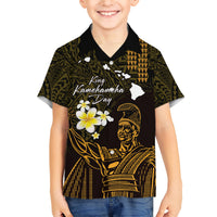 Personalised Hawaii King Kamehameha Day Family Matching Short Sleeve Bodycon Dress and Hawaiian Shirt Plumeria With Kakau Pattern - Gold LT14 Son's Shirt Gold - Polynesian Pride