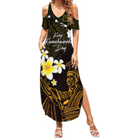 Personalised Hawaii King Kamehameha Day Family Matching Summer Maxi Dress and Hawaiian Shirt Plumeria With Kakau Pattern - Gold LT14 Mom's Dress Gold - Polynesian Pride