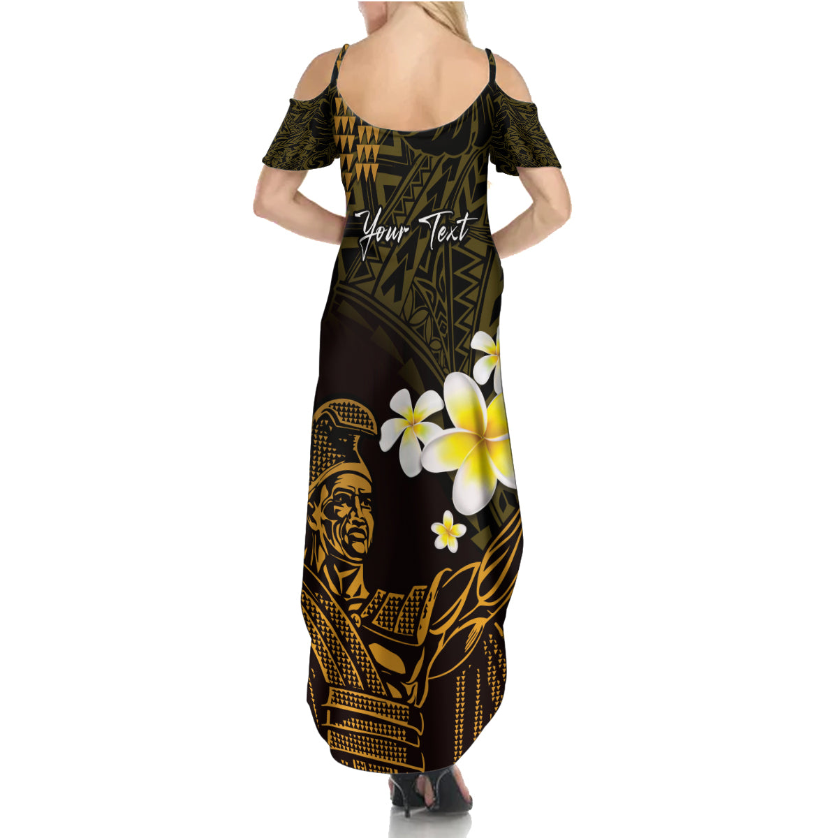 Personalised Hawaii King Kamehameha Day Family Matching Summer Maxi Dress and Hawaiian Shirt Plumeria With Kakau Pattern - Gold LT14 - Polynesian Pride