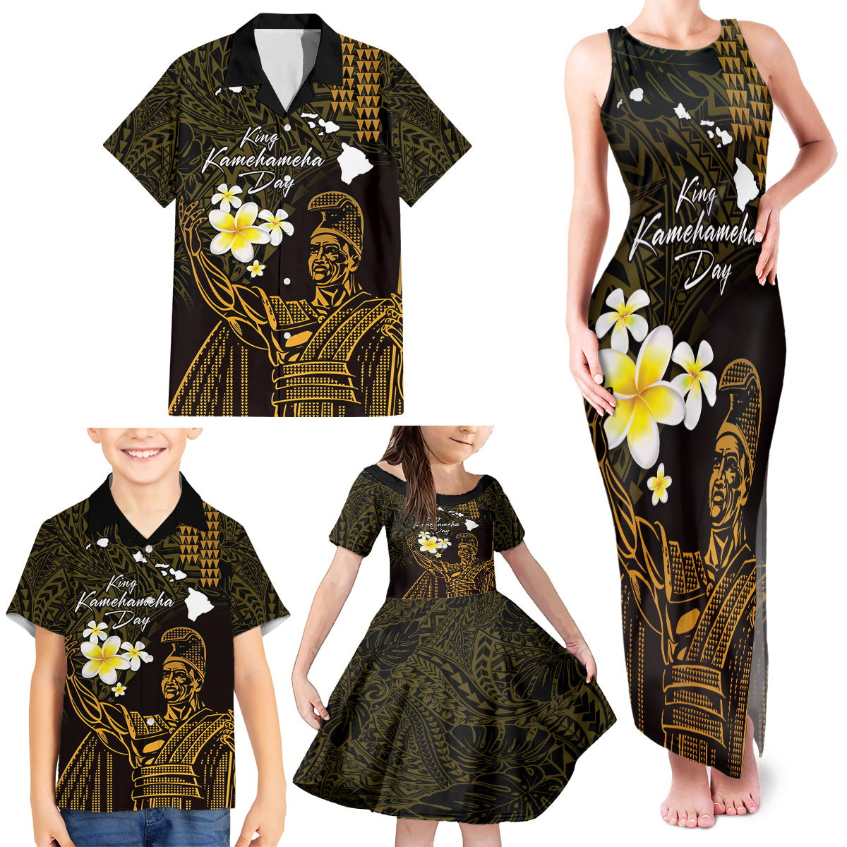 Personalised Hawaii King Kamehameha Day Family Matching Tank Maxi Dress and Hawaiian Shirt Plumeria With Kakau Pattern - Gold LT14 - Polynesian Pride