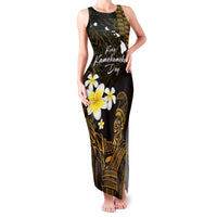 Personalised Hawaii King Kamehameha Day Family Matching Tank Maxi Dress and Hawaiian Shirt Plumeria With Kakau Pattern - Gold LT14 Mom's Dress Gold - Polynesian Pride