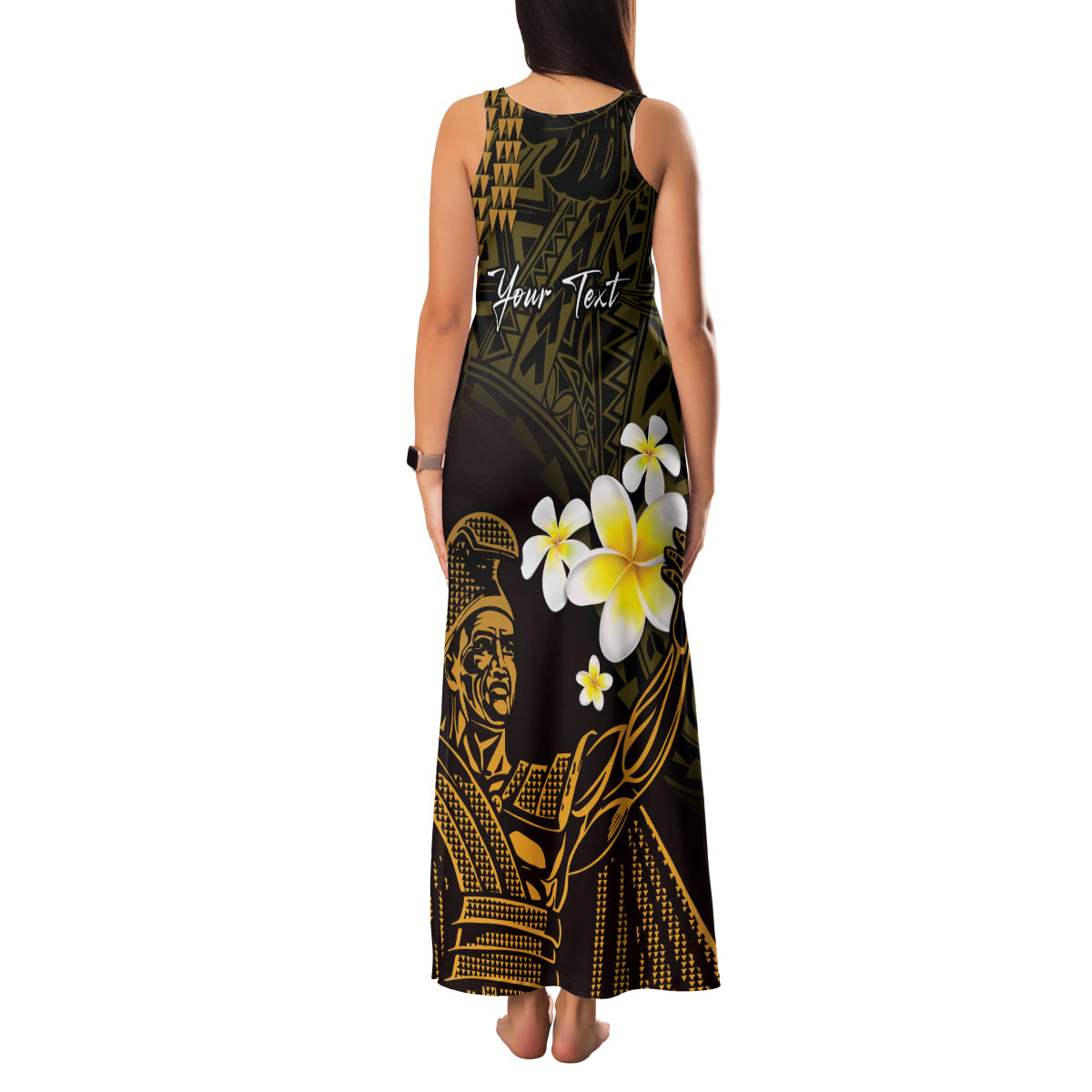 Personalised Hawaii King Kamehameha Day Family Matching Tank Maxi Dress and Hawaiian Shirt Plumeria With Kakau Pattern - Gold LT14 - Polynesian Pride