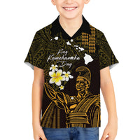 Personalised Hawaii King Kamehameha Day Family Matching Tank Maxi Dress and Hawaiian Shirt Plumeria With Kakau Pattern - Gold LT14 Son's Shirt Gold - Polynesian Pride