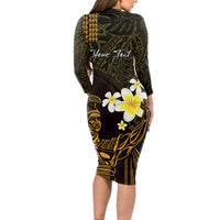 Personalised Hawaii King Kamehameha Day Long Sleeve Bodycon Dress Plumeria With Kakau Pattern - Gold LT14 - Polynesian Pride
