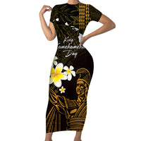 Personalised Hawaii King Kamehameha Day Short Sleeve Bodycon Dress Plumeria With Kakau Pattern - Gold LT14 Long Dress Gold - Polynesian Pride