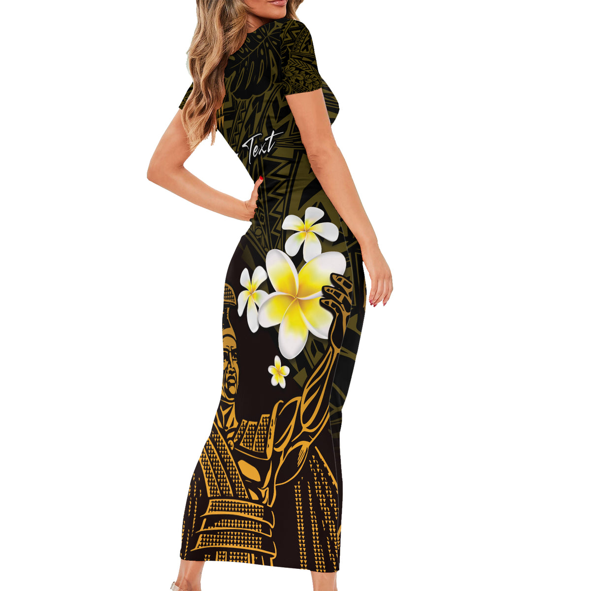 Personalised Hawaii King Kamehameha Day Short Sleeve Bodycon Dress Plumeria With Kakau Pattern - Gold LT14 - Polynesian Pride
