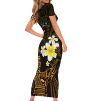Personalised Hawaii King Kamehameha Day Short Sleeve Bodycon Dress Plumeria With Kakau Pattern - Gold LT14 - Polynesian Pride
