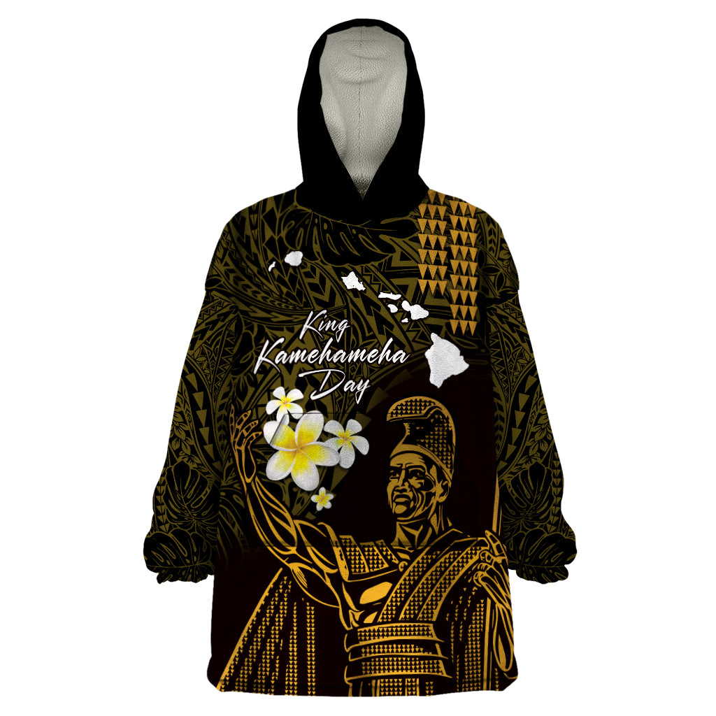 Personalised Hawaii King Kamehameha Day Wearable Blanket Hoodie Plumeria With Kakau Pattern - Gold LT14 One Size Gold - Polynesian Pride