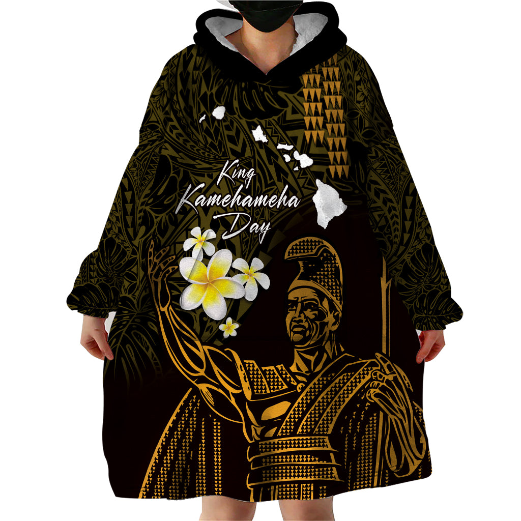 Personalised Hawaii King Kamehameha Day Wearable Blanket Hoodie Plumeria With Kakau Pattern - Gold LT14 - Polynesian Pride