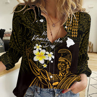 Personalised Hawaii King Kamehameha Day Women Casual Shirt Plumeria With Kakau Pattern - Gold LT14 Female Gold - Polynesian Pride