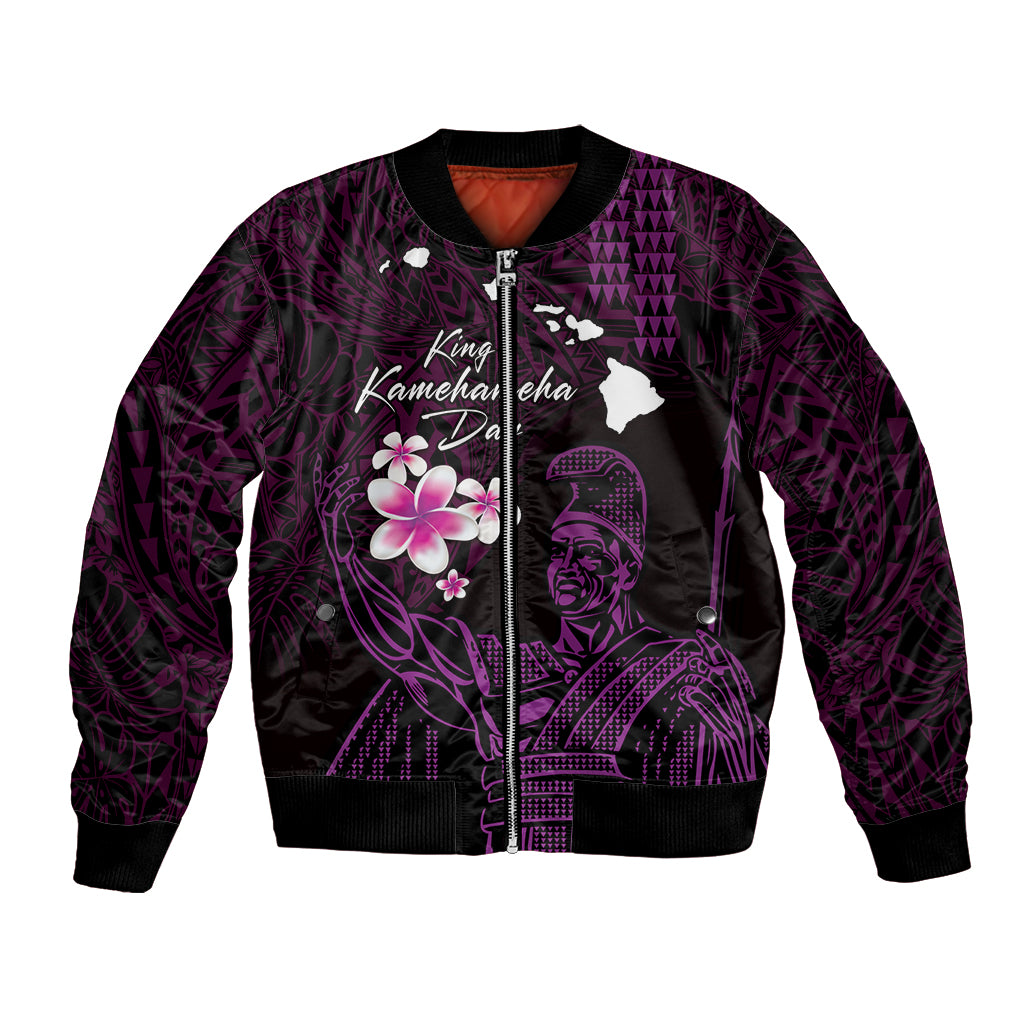 Personalised Hawaii King Kamehameha Day Bomber Jacket Plumeria With Kakau Pattern - Purple LT14 Unisex Purple - Polynesian Pride