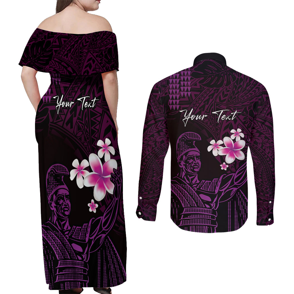 Personalised Hawaii King Kamehameha Day Couples Matching Off Shoulder Maxi Dress and Long Sleeve Button Shirt Plumeria With Kakau Pattern - Purple LT14 - Polynesian Pride