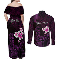 Personalised Hawaii King Kamehameha Day Couples Matching Off Shoulder Maxi Dress and Long Sleeve Button Shirt Plumeria With Kakau Pattern - Purple LT14 - Polynesian Pride