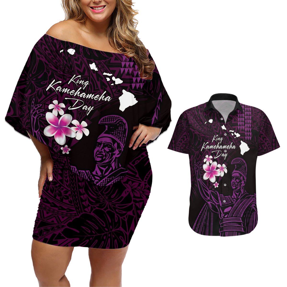 Personalised Hawaii King Kamehameha Day Couples Matching Off Shoulder Short Dress and Hawaiian Shirt Plumeria With Kakau Pattern - Purple LT14 Purple - Polynesian Pride
