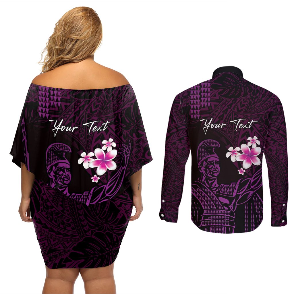 Personalised Hawaii King Kamehameha Day Couples Matching Off Shoulder Short Dress and Long Sleeve Button Shirt Plumeria With Kakau Pattern - Purple LT14 - Polynesian Pride