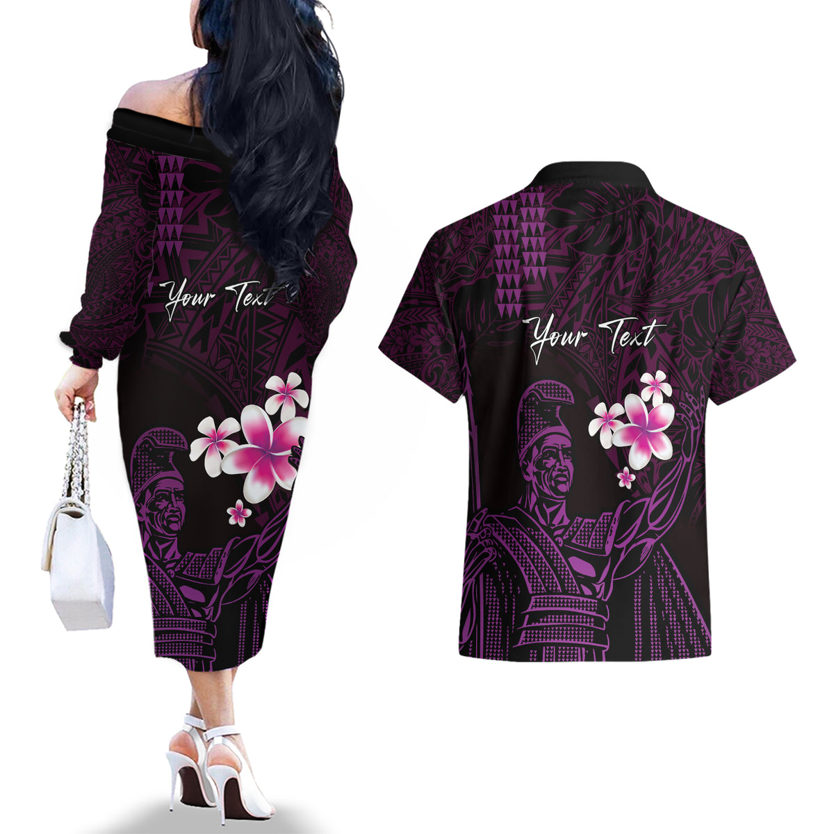 Personalised Hawaii King Kamehameha Day Couples Matching Off The Shoulder Long Sleeve Dress and Hawaiian Shirt Plumeria With Kakau Pattern - Purple LT14 - Polynesian Pride