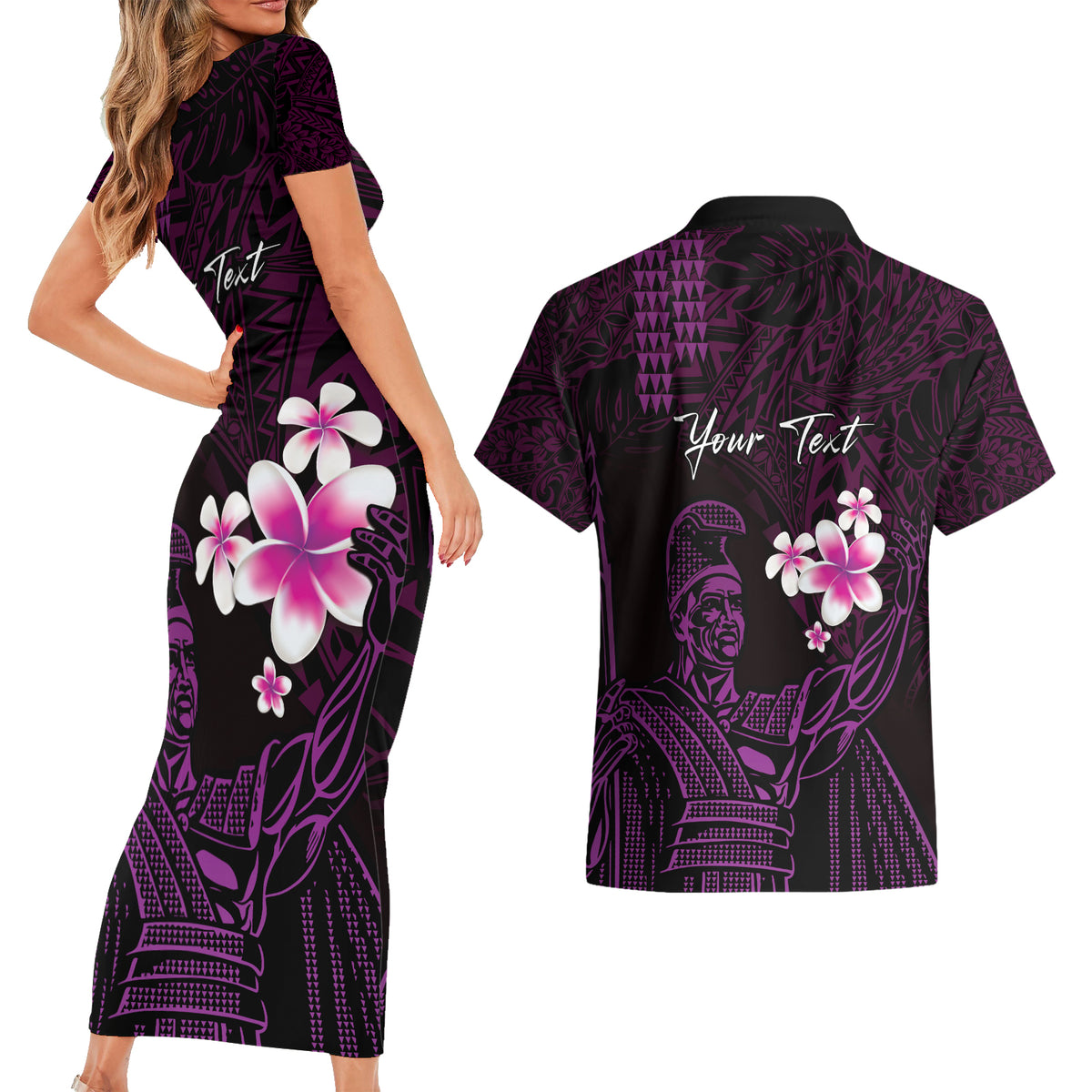 Personalised Hawaii King Kamehameha Day Couples Matching Short Sleeve Bodycon Dress and Hawaiian Shirt Plumeria With Kakau Pattern - Purple LT14 - Polynesian Pride