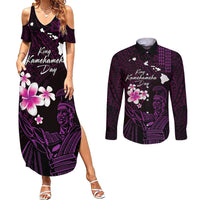Personalised Hawaii King Kamehameha Day Couples Matching Summer Maxi Dress and Long Sleeve Button Shirt Plumeria With Kakau Pattern - Purple LT14 Purple - Polynesian Pride