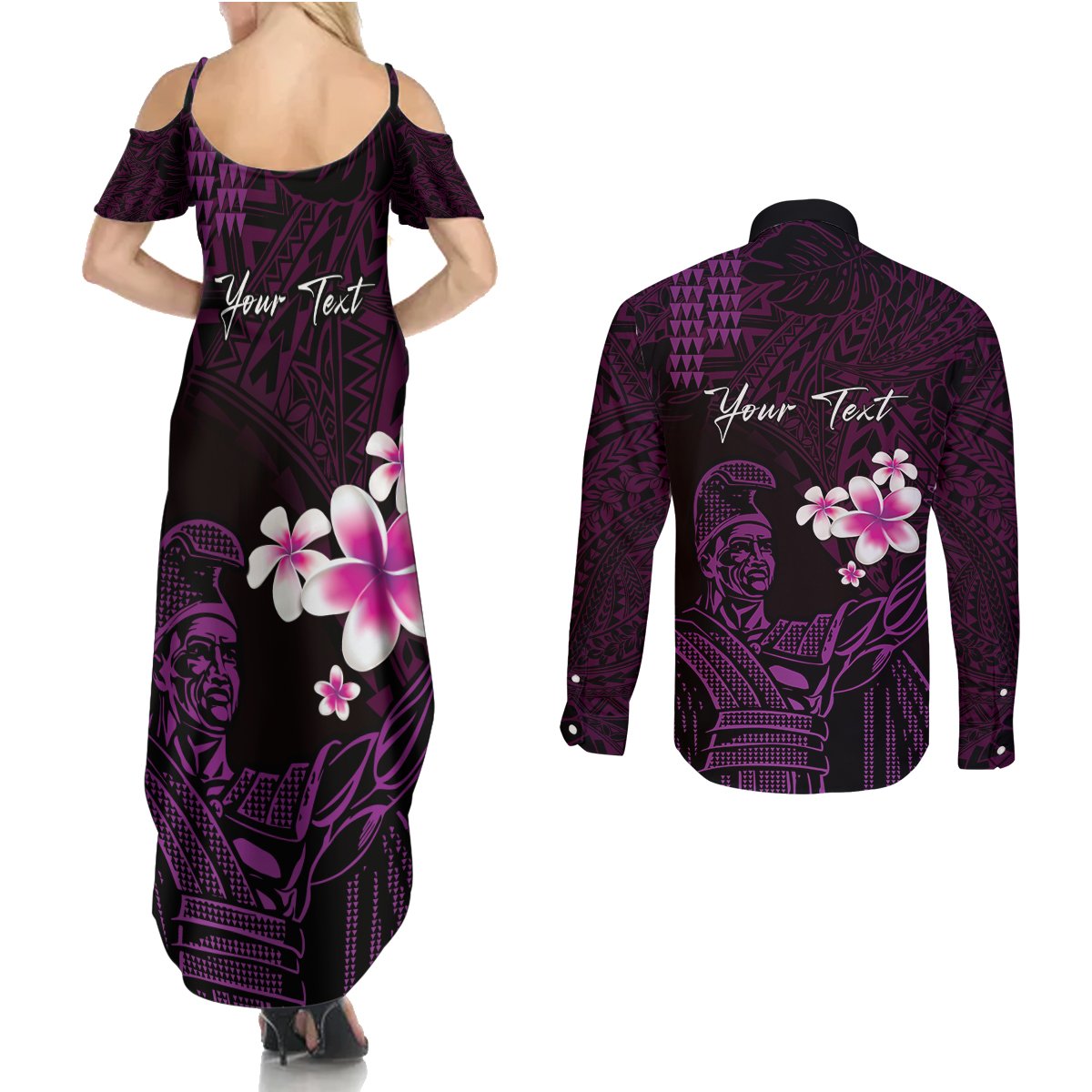 Personalised Hawaii King Kamehameha Day Couples Matching Summer Maxi Dress and Long Sleeve Button Shirt Plumeria With Kakau Pattern - Purple LT14 - Polynesian Pride