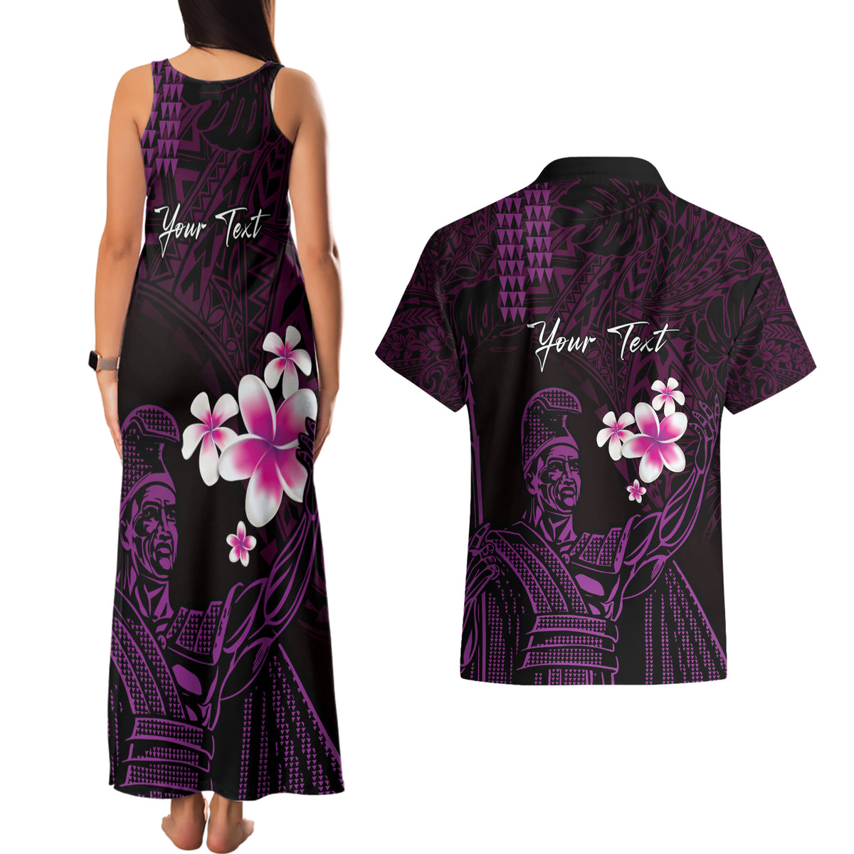 Personalised Hawaii King Kamehameha Day Couples Matching Tank Maxi Dress and Hawaiian Shirt Plumeria With Kakau Pattern - Purple LT14 - Polynesian Pride