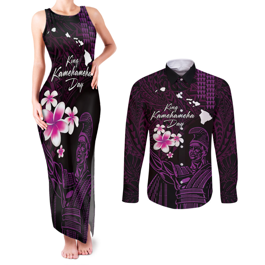 Personalised Hawaii King Kamehameha Day Couples Matching Tank Maxi Dress and Long Sleeve Button Shirt Plumeria With Kakau Pattern - Purple LT14 Purple - Polynesian Pride