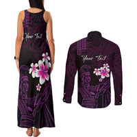 Personalised Hawaii King Kamehameha Day Couples Matching Tank Maxi Dress and Long Sleeve Button Shirt Plumeria With Kakau Pattern - Purple LT14 - Polynesian Pride