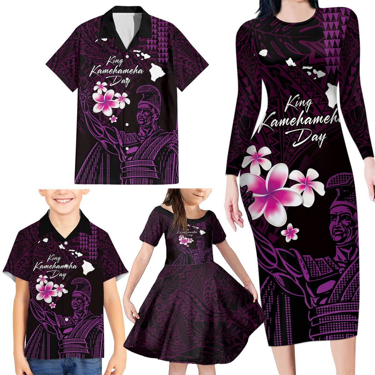 Personalised Hawaii King Kamehameha Day Family Matching Long Sleeve Bodycon Dress and Hawaiian Shirt Plumeria With Kakau Pattern - Purple LT14 - Polynesian Pride