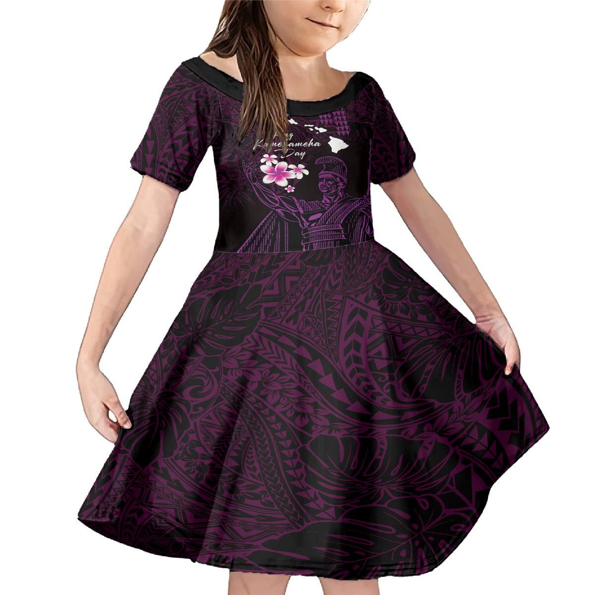 Personalised Hawaii King Kamehameha Day Family Matching Mermaid Dress and Hawaiian Shirt Plumeria With Kakau Pattern - Purple LT14 Daughter's Dress Purple - Polynesian Pride