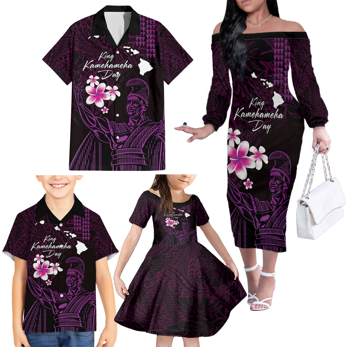 Personalised Hawaii King Kamehameha Day Family Matching Off The Shoulder Long Sleeve Dress and Hawaiian Shirt Plumeria With Kakau Pattern - Purple LT14 - Polynesian Pride